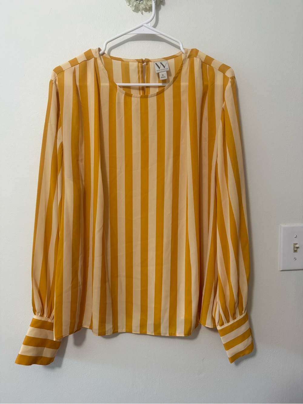 Worthington Yellow and Cream Vertical Stripe Long-Sleeve Blouse
